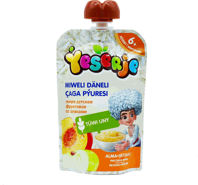 Ýeserje apple and peach puree with rice pouch