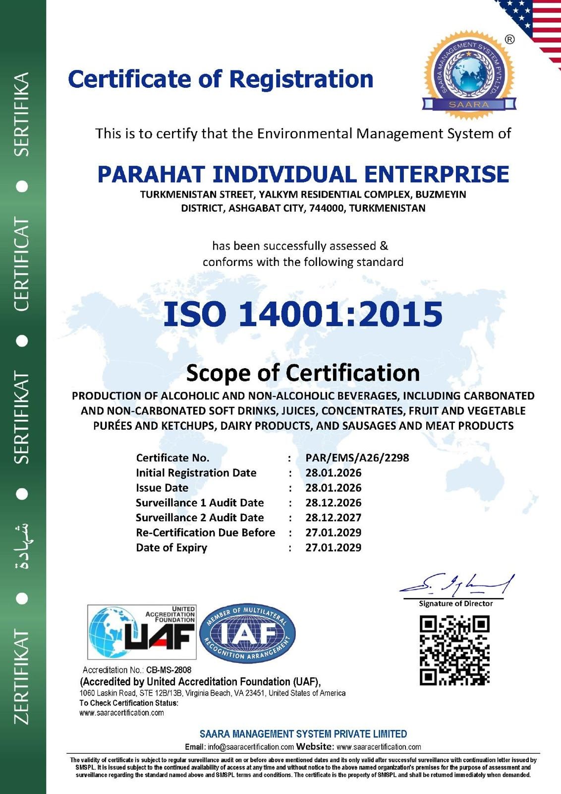 Parahat ISO 14001:2015 şahadatnamasy