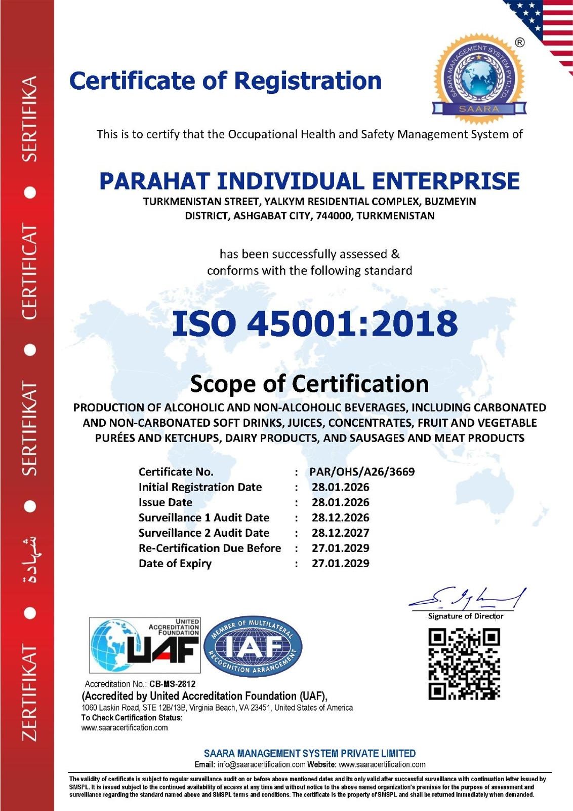 Parahat ISO 45001:2018 şahadatnamasy