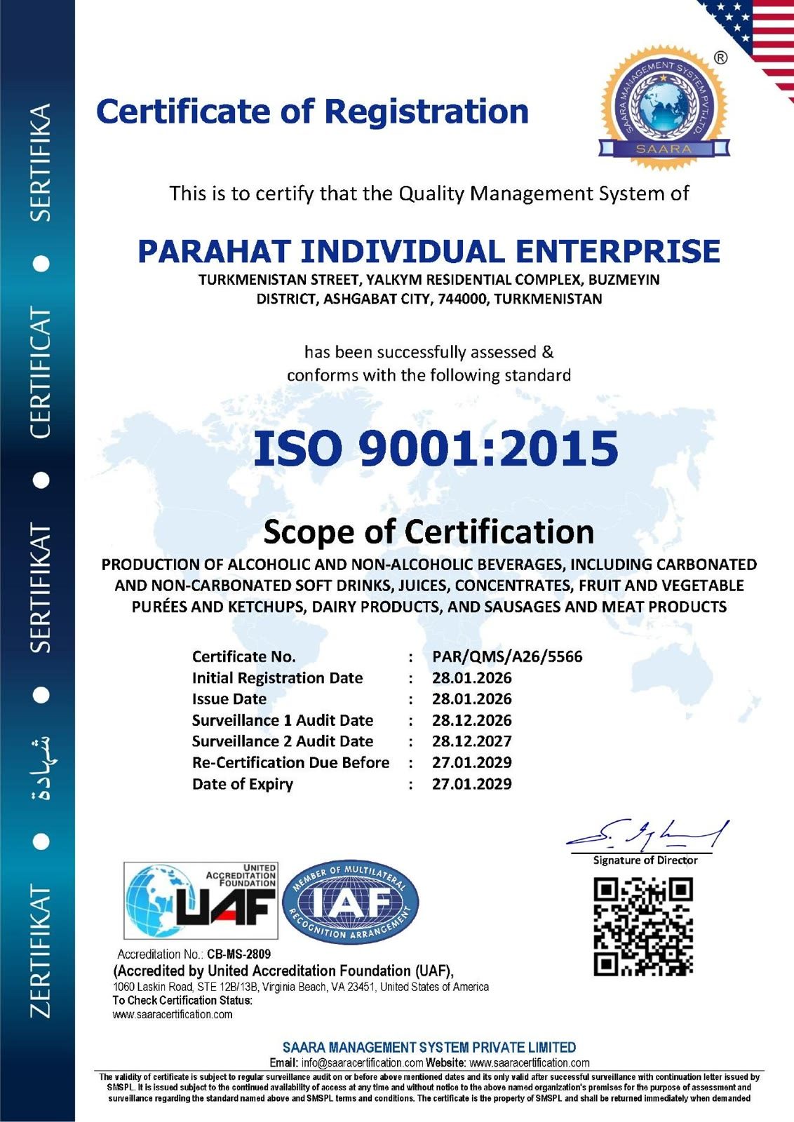 Parahat ISO 9001:2015 şahadatnamasy